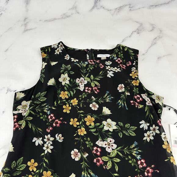 Calvin Klein Floral Midi Dress Size 10 New Black Green Flutter Hem Shift - Picture 2 of 10